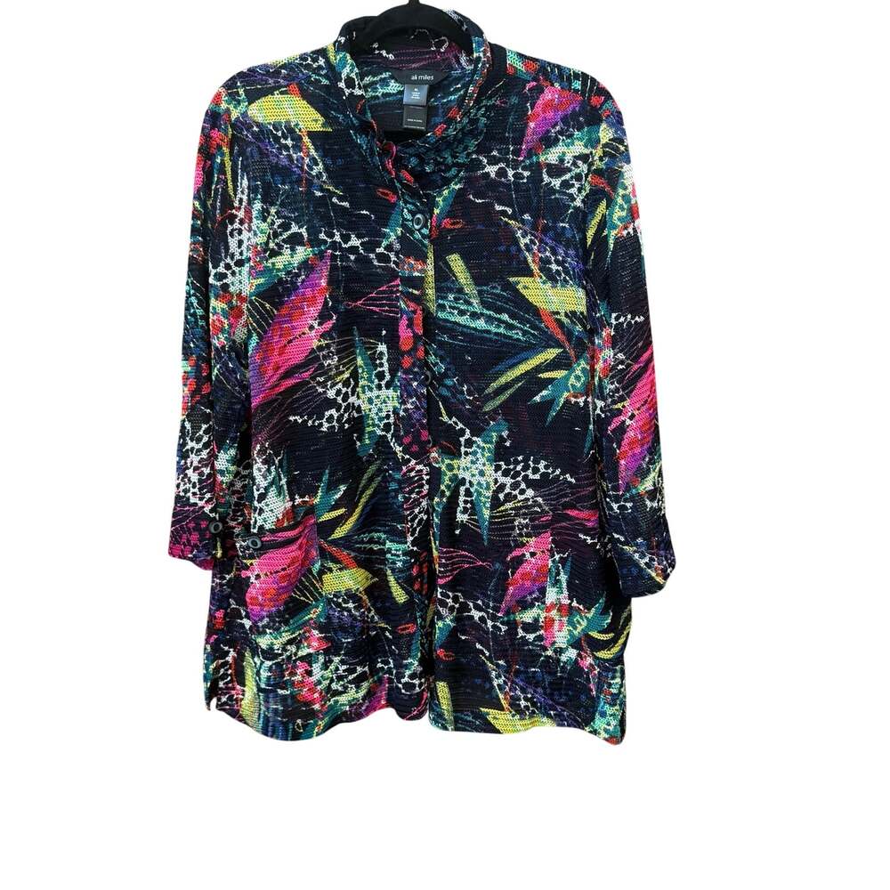 Ali Miles Womens Colorful Stretch Mesh Sheer Button Down Maximalist Artsy XL